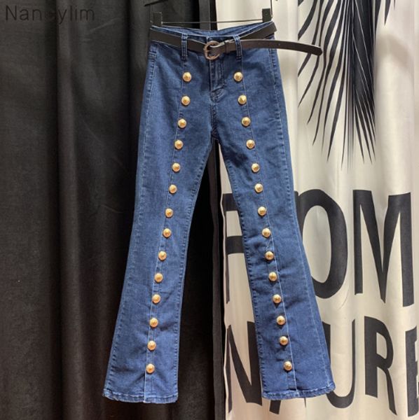

european goods buttons beaded jeans women's 2020 spring winter new high-waist slim-fit fashion flared pants blue jeans femme