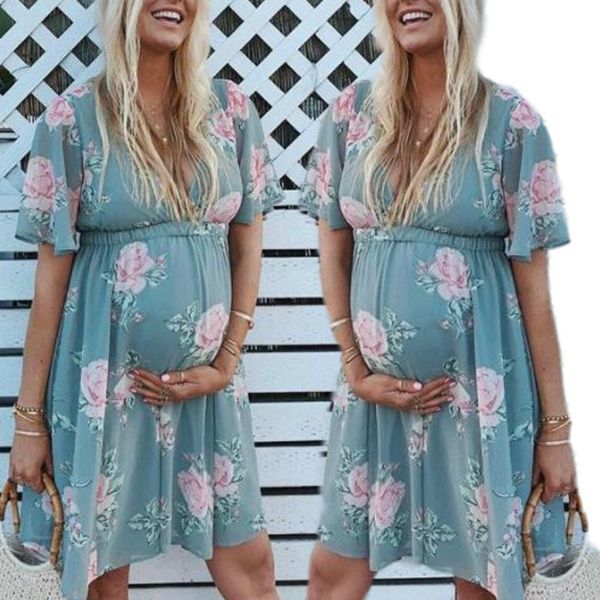 

maternity dresses summer floral print ruffle pregnancy clothes v neck breastfeeding pregnant dress boho style pregnancy dress, White