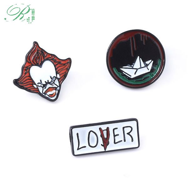 

rj stephen king's it brooch pin pennywise figure badge lapel pins chucky face horror film clown joker pin for kids bag cloth cosplay, Gray