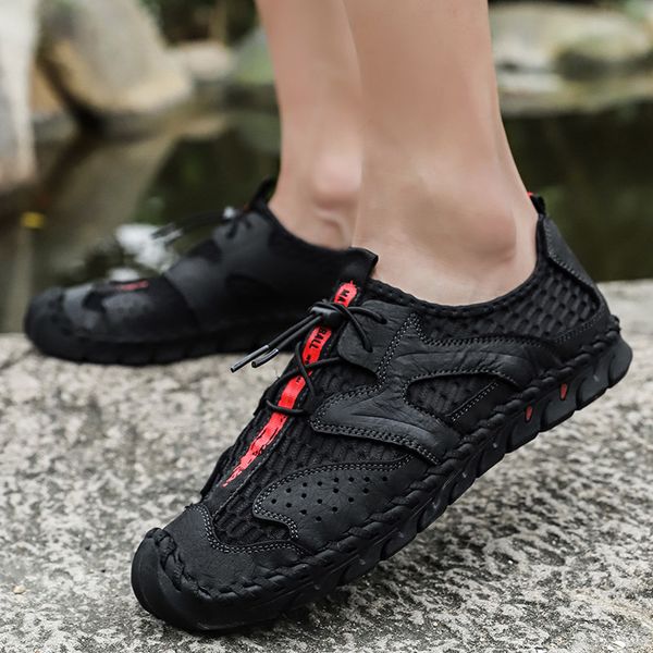 

genuine leather + air mesh summer men breathable casual beach shoes roman mountain sandalias big size 38-58 w5, Black