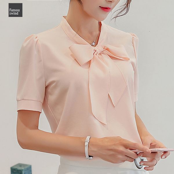 

блуза 2019 лето с коротким рукавом шифон лук корейский стиль холтер элегантные рубашки дамы офис плюс размер работа tops femal одежды, White