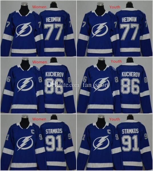 

2019 Men Women Youth Kids Tampa Bay Lightning 91 Steven Stamkos 86 Nikita Kucherov 77 Victor Hedman Blank Blue Jersey All Stiched Hockey