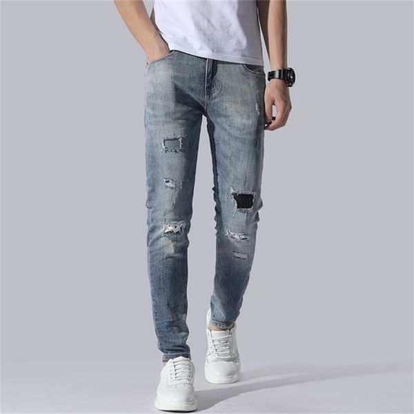 

men's jeans spring / summer 2021 mid-rise ankle-length elastic slim hole patch patches, Blue