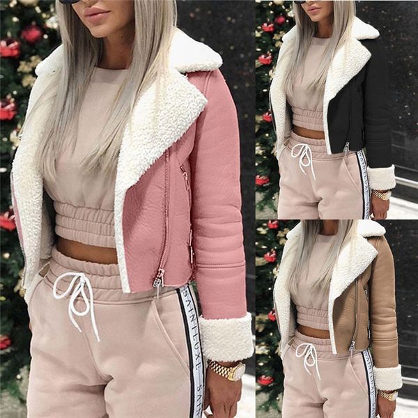 

pu fleece womens designer jackets fashion womens lapel neck fleece coat casual women loose outerwear autumn, Black;brown