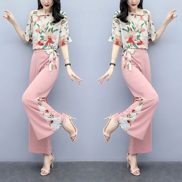 

floral patchwork wide leg pants high waist printing two piece set chiffon clothing flare sleeve 2 piece set women fashion office, White