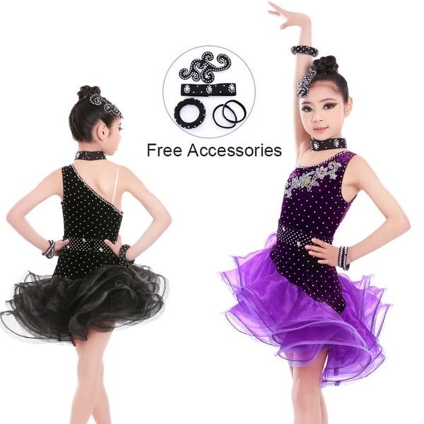 

strapped black latin dress girls velvet ballroom latin dance wear kids cold shoulder vestido de baile latino for sale, Black;red