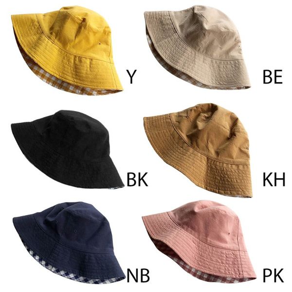 

japanese women girls summer reversible bucket hat lady sweet plaid check printed sunscreen packable casual lounge fisherman cap, Blue;gray