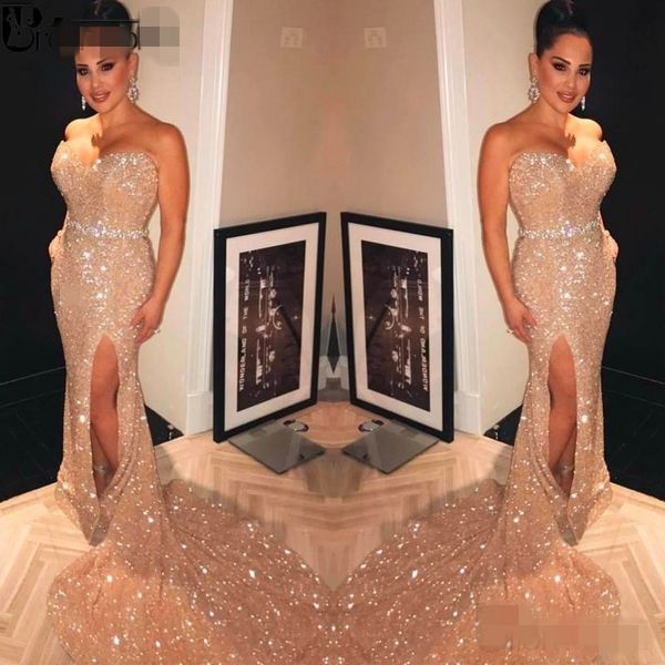 

sparkle gold evening dresses long 2020 sweetheart beading crystal belt sequin side slit mermaid prom dress vestidos de gala, Black