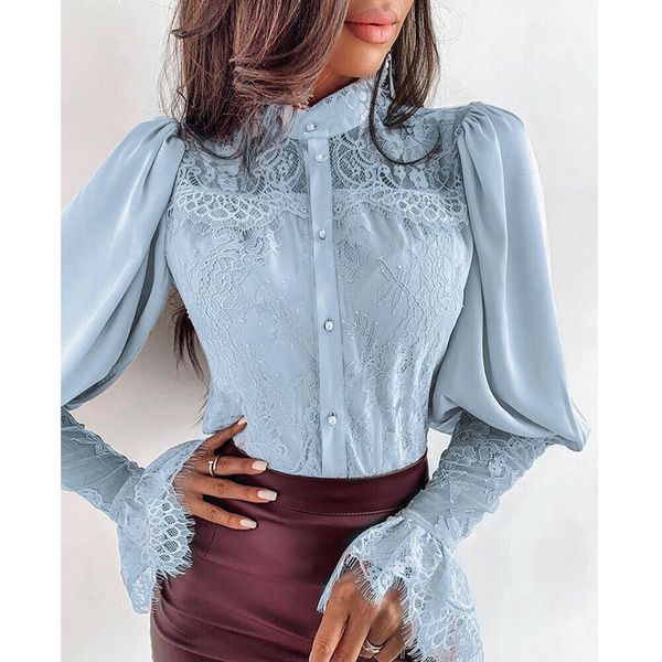 

women's casual floral lace patchwork button down shirt ladies long puff sleeve stand collar sheer chiffon blouse top, White