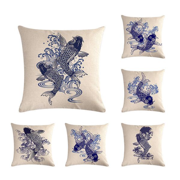 China Style Carp Pillowcase Home Car Chair Blue And White