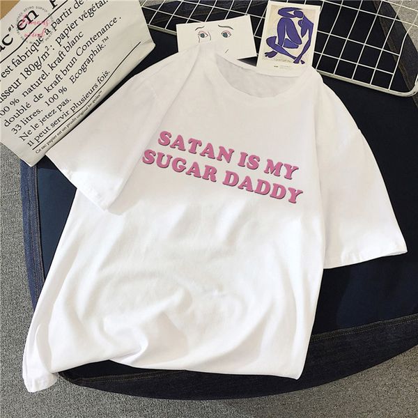 

летняя мода топы tee satan is my sugar daddy tumblr девочки рубашка эстетическая одежда sugar baby письмо kawaii повседневный harajuku футбо, White