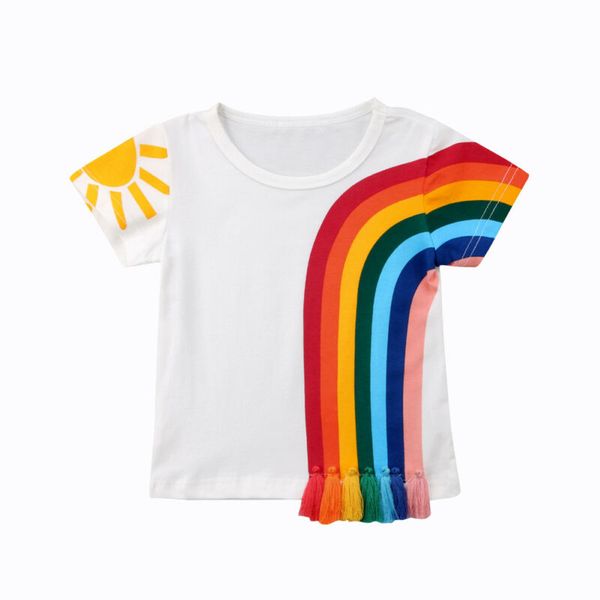 

2019 brand fashion toddler baby girls casual rainbow sun tassel patchwork cotton short sleeve t-shirt cute, Blue