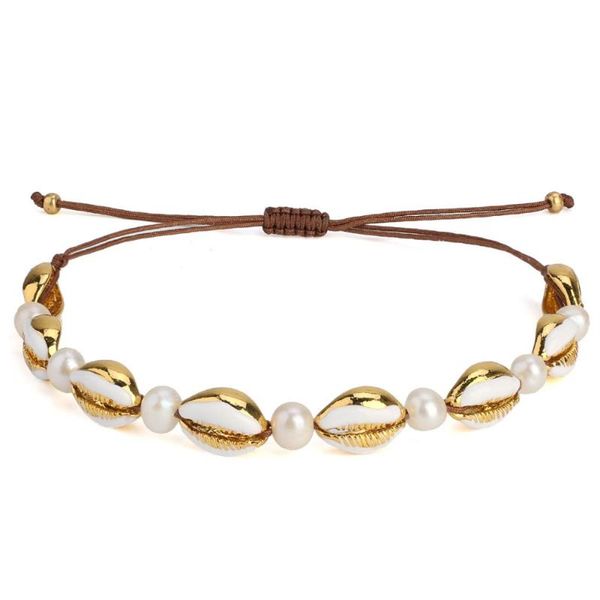 

kelitch tribal friendship seashell metal cowrie beads bracelets adjustable woven braided natural pearls bead wrap bracelet chain, Golden;silver