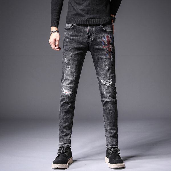 

denim embroidery drill ripped jeans men tide brand 2020 spring new casual pants slim feet trend korean version black jeans, Blue