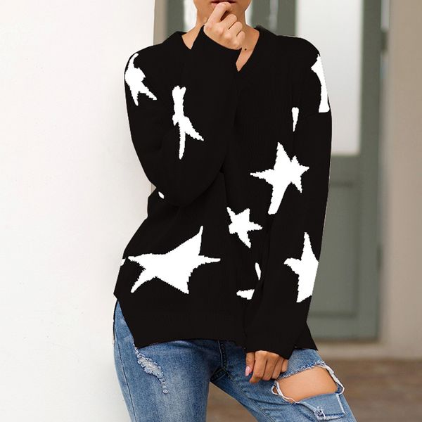 

elegant sweater women autumn winter long sleeve v neck star print casual knitting sweater pullovers jumpers female knitwear top, White;black