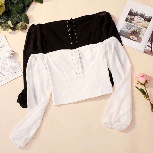 

woman shirts long puff sleeve slash neck crop solid off shoulder bandage office lady chiffon female shirts 2020 fashion, White
