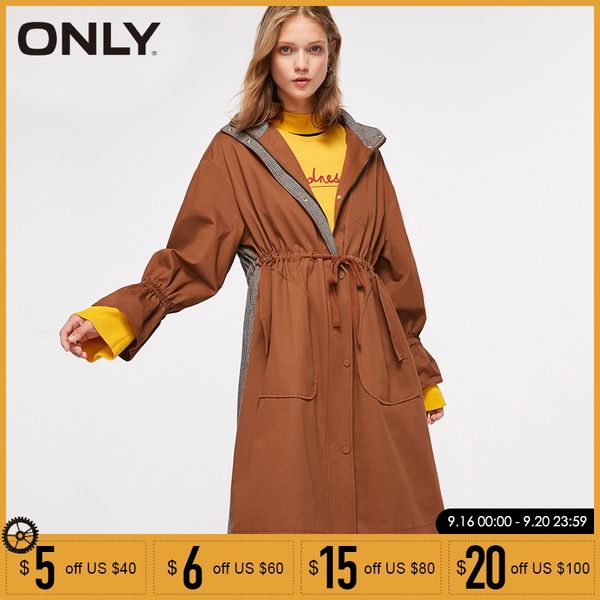 

only women spliced hat loose hooded coat autumn trench coat jacket| 118336580, Tan;black
