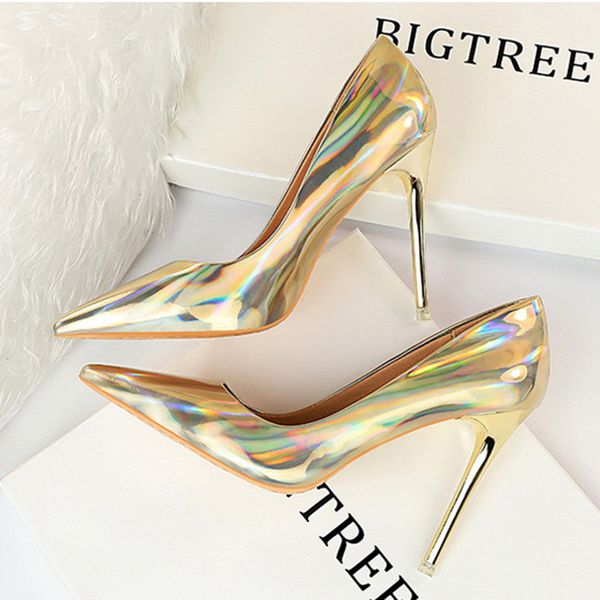 

metal heel with high-heeled shiny patent leather shallow mouth pointed nightclub was thin heels wedding shoes banquet, Black
