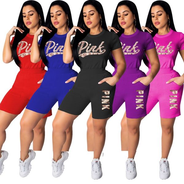 

Pink women hort clothe letter print 2 two piece pant women track uit plu ize ca ual outfit port hort leeve pant klw0653