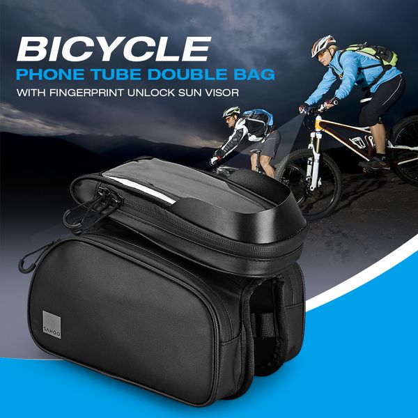 

sahoo bicycle phone tube double bag with fingerprint unlock sun visor touchscreen front frame tube bike bag pannier pack