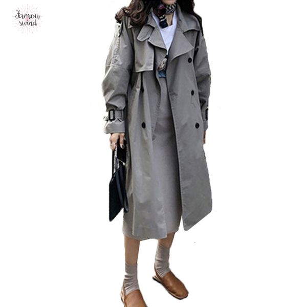 

осень весна сыпучие длинные trench корейской моды двойной брестед mid пальто mujer пояс большой размер windbreak outwear, Tan;black