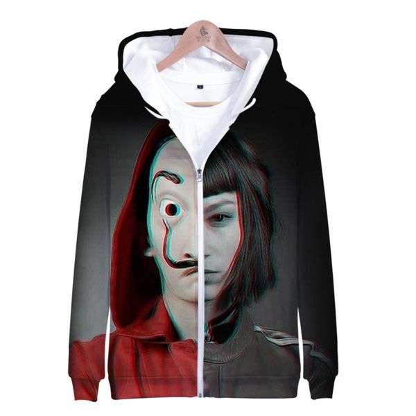 

tv series la casa de papel money heist house of paper 3d zipper hooded sweatshirt men/women hip hop casual zipper clothes, Black