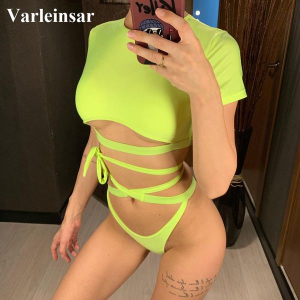 

2019 thong neon green bikini swimsuit women swimwear two-pieces bikini set high cut bather wrap around bathing suit v1282