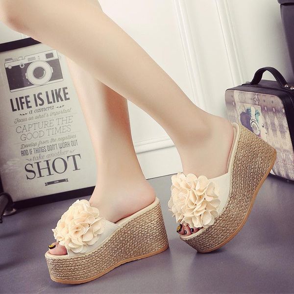 

women slippers women's summer fashion wear waterproof platform slope heel cool drag thick bottom high heel muffin bottom word slippers, Black