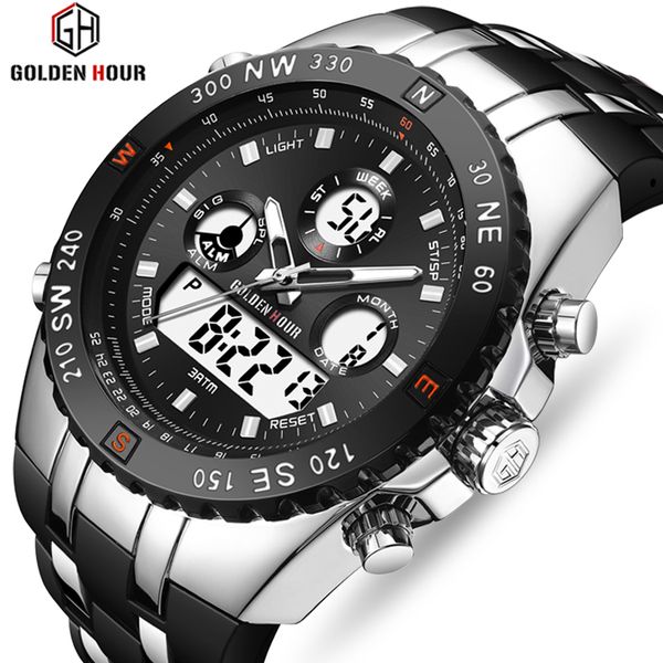 

goldenhour sport wristwatch men's waterproof watches fashion black silicone led digital luminous clock reloj hombre, Slivery;brown