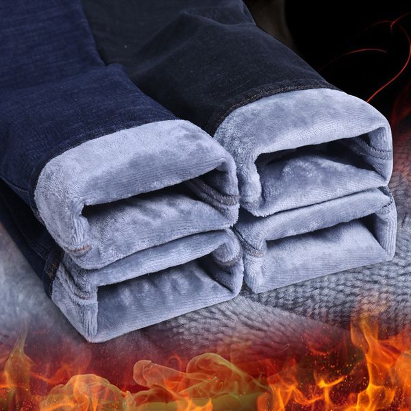 

fashion winter jeans men black slim fit stretch thick velvet pants warm jeans casual fleece trousers male plus size clothes, Blue