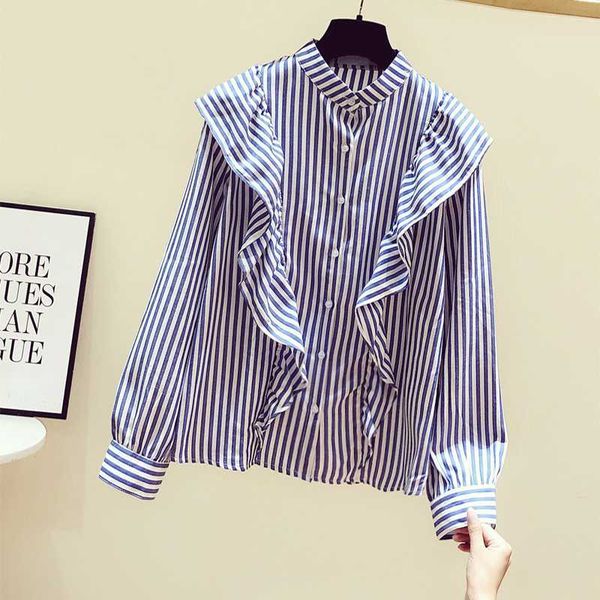 

stripe shirt women stand collar flounced blouse women's spring new long sleeve blouse fashion blusas mujer, White