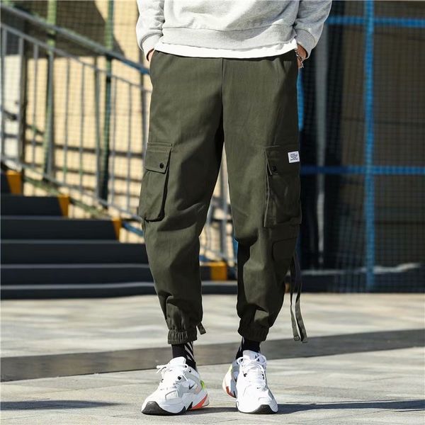 

men's pants men streetwear ribbons cargo 2021 mens overalls hip hop sweatpants male baggy fashoins kahki joggers track, Black
