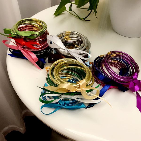 

just feel all weather glitter jelly bangles bracelets glitter filled silicone plastic round women friendship bracelet 5pcs / set, Golden;silver