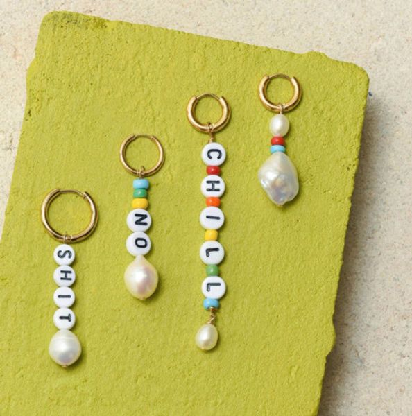 

anxiety letter alphabet trio earring pack no chill fresh water pearl glass seed bead drop hoop boho earring women femme jewelry, Silver