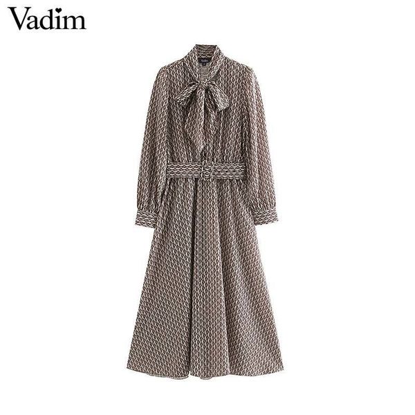 

vadim women retro chains pattern maxi dress bow tie collar sashes long sleeve female casaul elegant dresses vestidos qc864, Black;gray