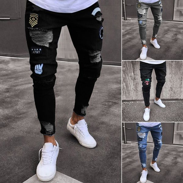 

2018 men fashion ripped skinny jeans destroyed holes frayed slim fit long denim pant, Blue