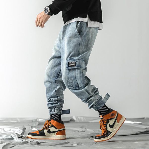 

5xl mens hip hop jeans big sizes korean style men streetwear multi pockets baggy jeans ankle length workout denim pants xxxxxl, Blue
