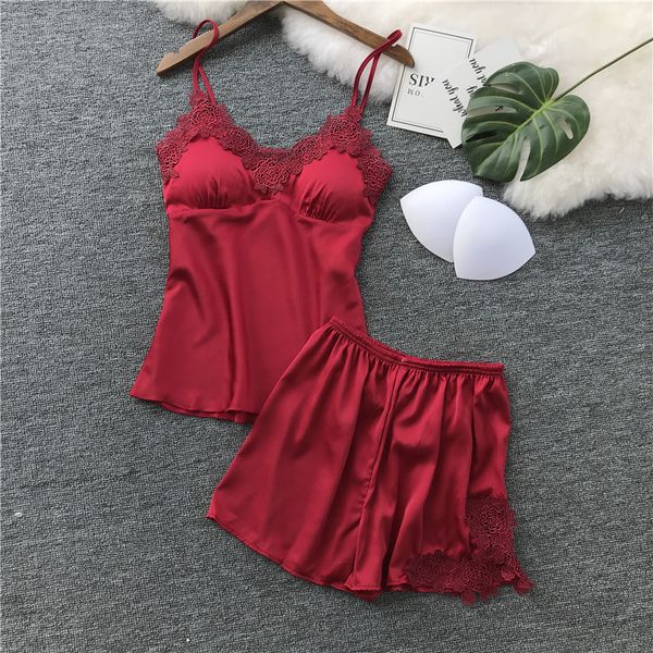 

foply 2 piece women summer pajamas set stain silk and shorts striped breathable summer cute short pants set home wear pads, Black;red