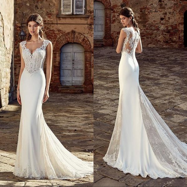 

wedding dress bridal gowns 2019 v neck lace appliques vestido de novia satin bohemian wedding dresses plus size boho mermaid, White