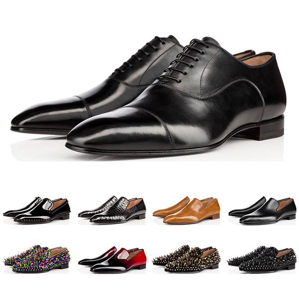 

new fashion designer mens shoes loafers black red spike patent leather slip on dress wedding flats bottoms shoe for business party