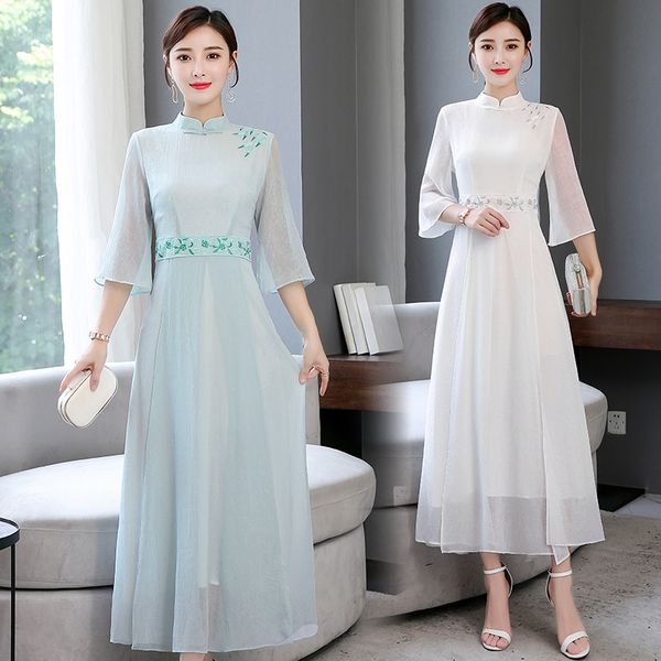 

2019 modern chinese dress qipao cheongsam evening party gowns for women ladies floral print chiffon half sleeeve oriental dress, Red