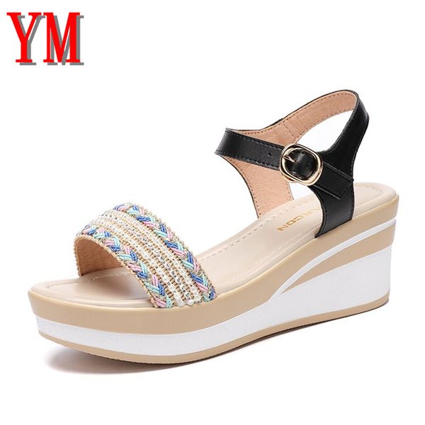 

women sandals design flock platform wedge female casual high increas shoes ladies fashion ankle strap open toe sandals, Black