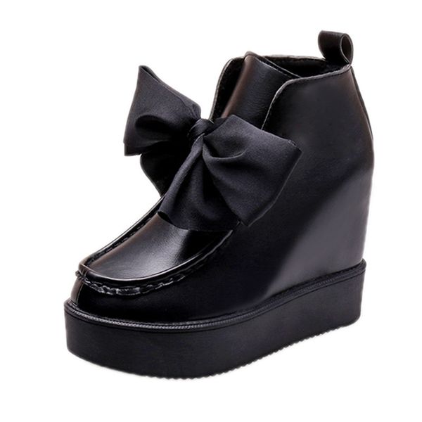 

thick sole winter waterproof ankle boots woman bowknot combat boots platform leather boots black heel booties con flecos