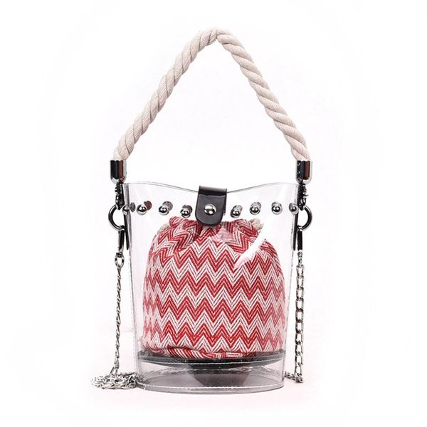 

fggs red new fashion pvc chain diagonal handbag fashion transparent hit color wave rivet rope shoulder diagonal sub-packa