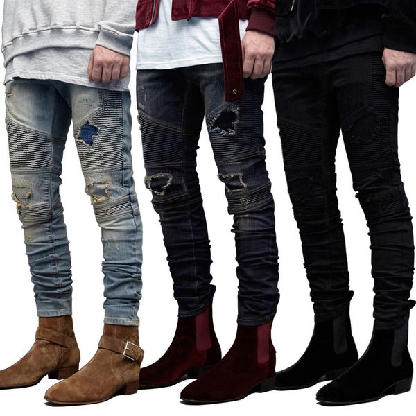 

hip hop mens designer jeans fashion casual ripped draped designer holes pencil jean pants mens pantalones, Blue