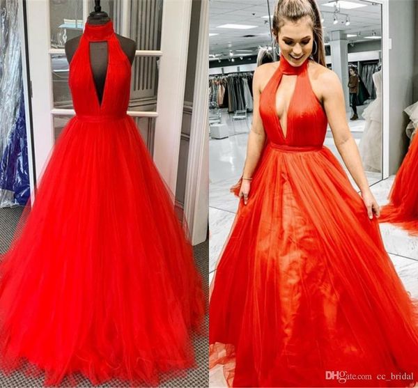 

red prom dresses long halter ruffled tulle a line 2019 evening dress party for women plus size vestido de festa, Black