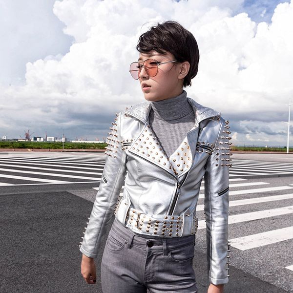 

2019 han ladies locomotive leather clothing woman loose coat self-cultivation long rivet plus size short fund pu jacket, Black;brown