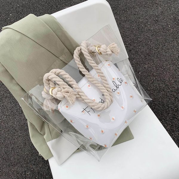 

new fashion transparent bucket shoulder bag & elegant daisy embroidery 2in1 handbag width 37cm height 30cm thickness 9cm