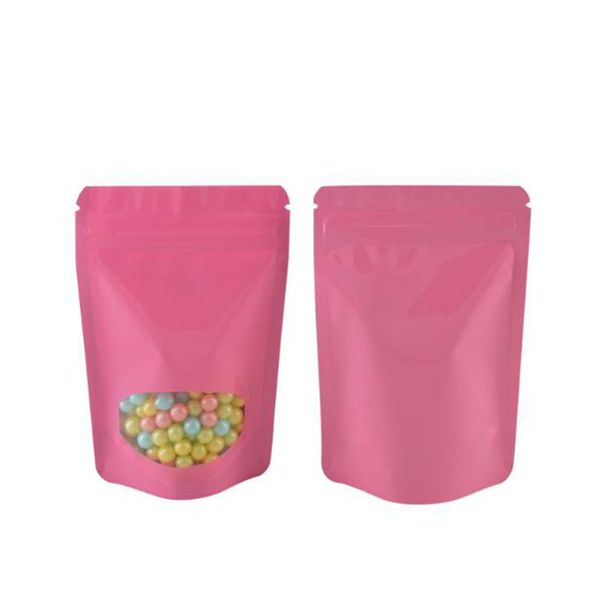 Kleine bis große rosafarbene Mylar-Verpackungsbeutel aus Aluminiumfolie mit ovalem Fenster, Stand-up-Reißverschluss, Aufbewahrungsbeutel für Lebensmittel, Tee, Kaffee, Süßigkeiten