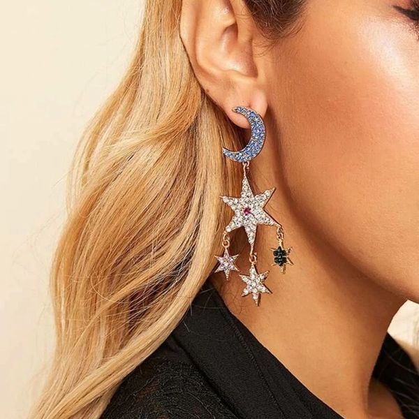 

fashion rhinestone moon stars drop earrings for women ear party jewelry shining crescent long dangle earrings accessories e71431, Silver